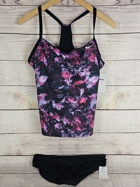 Nike Women's Earth Dye Racerback Tankini Set 2-Piece Purple Black Swimsuit MED